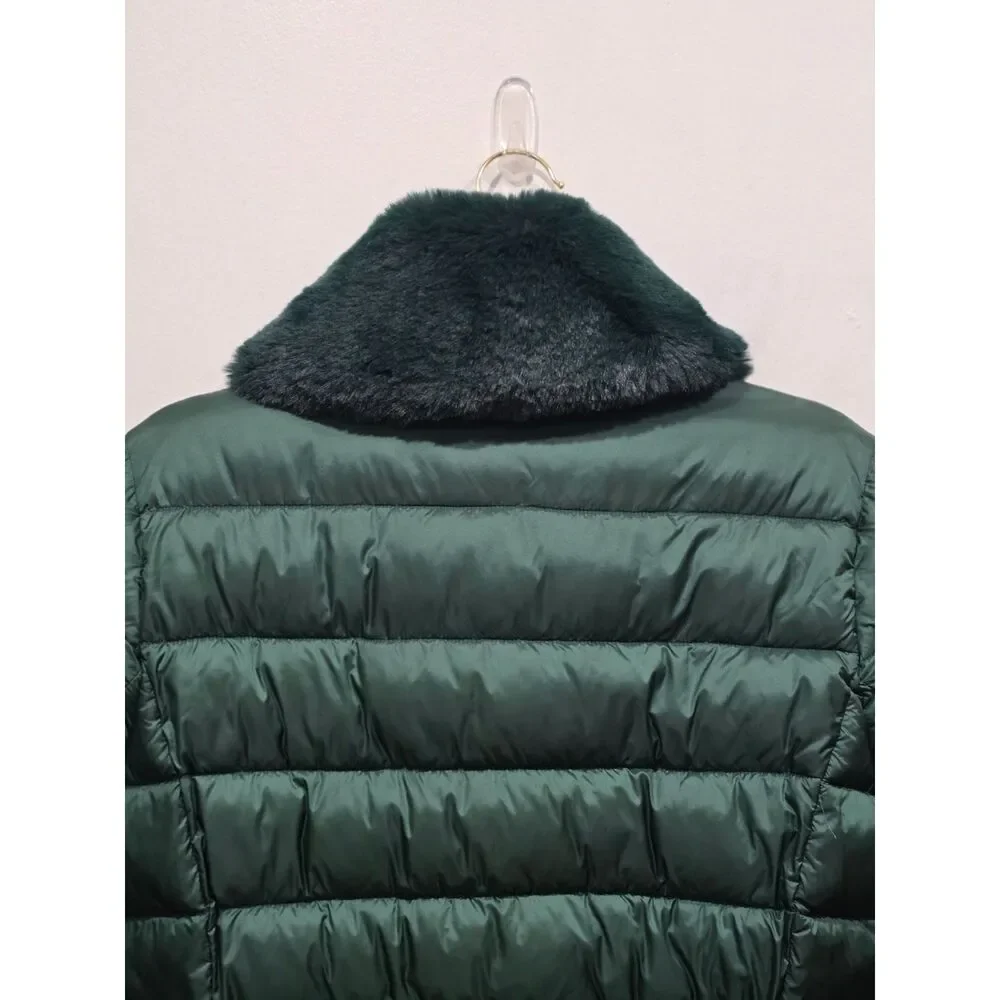 Michael Kors Green Longline Belted Puffer Coat Removable Faux Fur Collar Size M - Picture 12 of 16